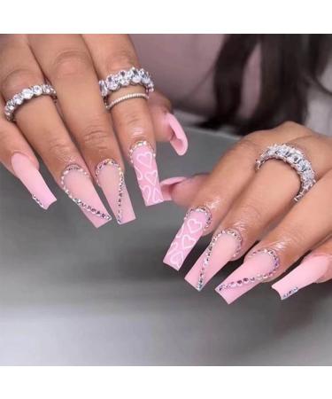 Foccna Coffin Valentine s Day Press on Nails Pink Medium Long Fakes Nails Rhinestone Women's Bling Acrylic False Nails Full Cover Matte Nails Art Manicure Decoration
