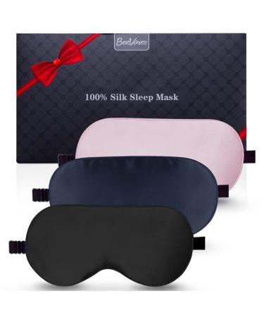 Silk Sleep Mask 3 Pack 100% Real Natural Pure Silk Eye Mask with Adjustable Strap Eye Mask for Sleeping BeeVines Eye Sleep Shade Cover Blocks Light Reduces Puffy Eyes Gifts