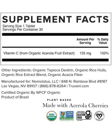 Truvani USDA Organic Vitamin C Supplement with Acerola Cherries - Immune System Support | High Absorption Antioxidant | 30 Servings - Buy Online on GoSupps.com