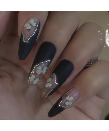 Brishow almond nails to stick on black long artificial nails press on nails with butterfly fake nails 24 pieces for women and girls - Buy Online on GoSupps.com