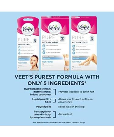 Veet Pure Cold Wax Strips Face for Sensitive Skin - 40 Strips with Finish Wipes | Hair Removal from Root | 28 Days Smoothness | Hypoallergenic Formula | Packaging May Vary - 40 Count - Buy Online on GoSupps.com