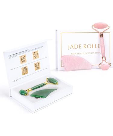 Gua Sha Facial Tool Face Lifting Massager Rose Quartz Roller Natural Jade Facial Massager Jade Roller Face Massage-Pink 3 set no box_ - Buy Online on GoSupps.com