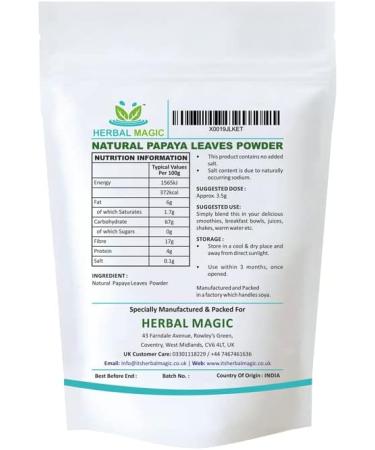 Herbal Magic Pure Papaya Leaf Powder - Green & Whole Leaves | Ayurvedic Superfood for Smoothies & Baking | 300gms - Buy Online on GoSupps.com