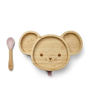 Tiggi Bamboo Baby Suction Plate - Complete Weaning Set Strong Suction BPA-Free Bamboo Plates Baby Ideal Baby Suction Plate for Easy Feeding and Clean-Up (Mouse Dusky Pink)