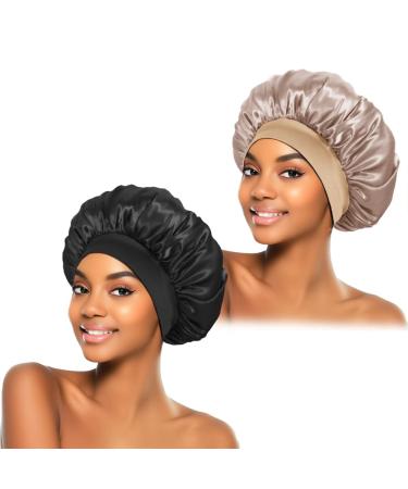 2Pcs Silk Bonnet for Sleeping  Satin Hair Bonnets  Soft Elastic Band Silk Sleep Cap  Silk Hair Wrap for Curly Hair (Black Gold)