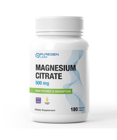 Magnesium Citrate 500 mg | High Potency Elemental Magnesium | Total 180 Veggie Caps Superior Absorption Non-GMO NO Gluten and Dairy