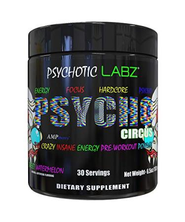 Psychotic Labz Psycho Circus High Stim Pre Workout Powder, Energy Focus Strength Pumps, Loaded with Beta Alanine Creatine Caffeine Ampiberry Dmae Bitartrate, 30 Srvgs, Sweet Watermelon Sweet Watermelon 6.5 Ounce (Pack of 1)