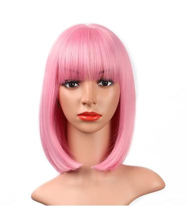 AISI BEAUTY 12 Inch Pink Bob Wig with Bangs - Short Straight Synthetic Cosplay Party Wig for Women - Buy Online on GoSupps.com
