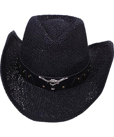 Simplicity New Western Style Classic Cowboy Straw Hat Black Bull Band