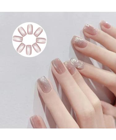 Glitter Cat Eye wrong nails shiny quadratic short oval fake nails complete coverage press on Art Design 24 pieces fake nails for women and girls