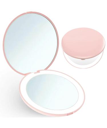 Giazee Compact Mirror 1X/10X Magnifying Mirror with Light Small Travel Makeup Mirror Portable LED Pocket Mirror for Handbag Purse (Pink)