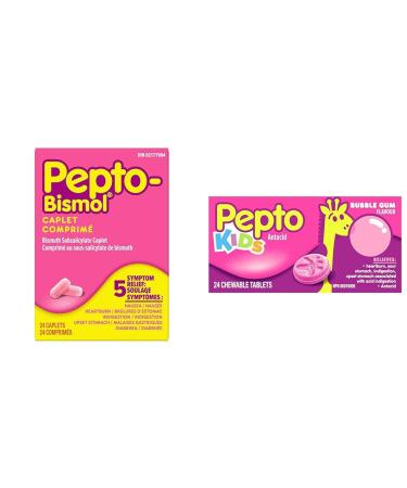 Pepto Bismol Caplets Upset Stomach Relief Diarrhea Relief Heartburn Nausea Indigestion & KIDS Chewables Upset Stomach Relief Diarrhea Relief Heartburn Nausea Indigestion Caplet+ chewable_tablets_bubblegum Unflavored 48 Count (Pack of 1)