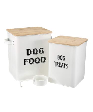 Pethiy Dog Food and Treats storage tin Containers Set with Scoop for Dogs-Tight Fitting Wood Lids-Coated Carbon Steel-Storage Canister Tins-White Dog Food White