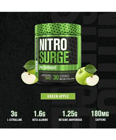 NITROSURGE Pre Workout Supplement - Green Apple Flavor - 30 Servings - Energy, Strength, Focus, Pumps - Nitric Oxide Booster & Preworkout Powder - Buy Online on GoSupps.com