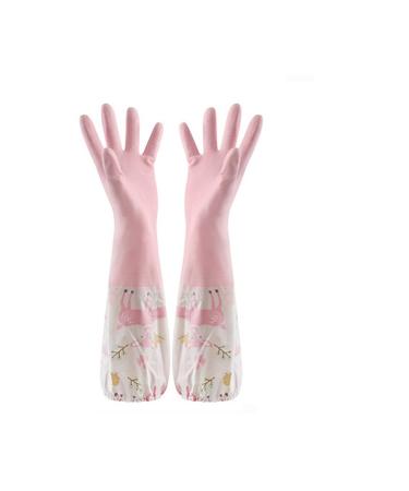 SEPTAM Cleaning Gloves Dishwashing Gloves Single Layer Household Chore Splicing Sleeve Waterproof Gloves Plush Elastic Band Mouth Rubber Gloves (Color : Pink Size : Medium)