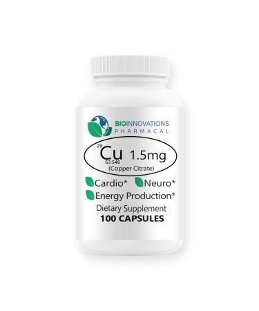Bio-Innovations Cu 1.5mg (Copper Citrate) Highly Bioavailable Supports Nervous System, Collagen Synthesis for Bones Joints and Cardiovascular System, Iron Metabolism, Energy Production - 100 Capsules