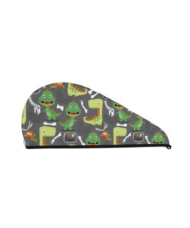 Hair Towel Wrap Hair Drying Towel with Button Towel Turban Head Towel to Dry Hair Quickly (Cartoon Dinosaurs)