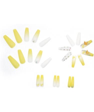JUSTOTRY 24 Pcs Diamante Lemon French Press-on Nails with Flower Designs | Nude Medium Ballerina False Nails for Women | Acrylic Coffin Nails with Glue for Nail Art - Buy Online on GoSupps.com