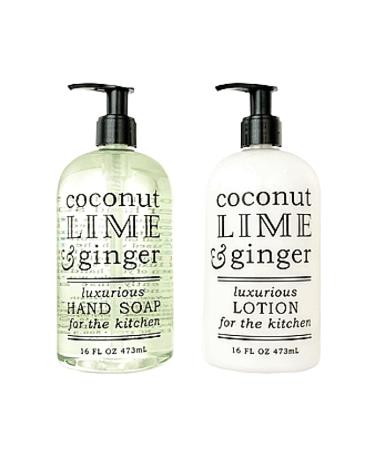 Greenwich Bay Kitchen Collection COCONUT LIME & GINGER Scented Liquid Hand Soap & Lotion Combo with Shea Butter - 16 fl oz Pump Bottles