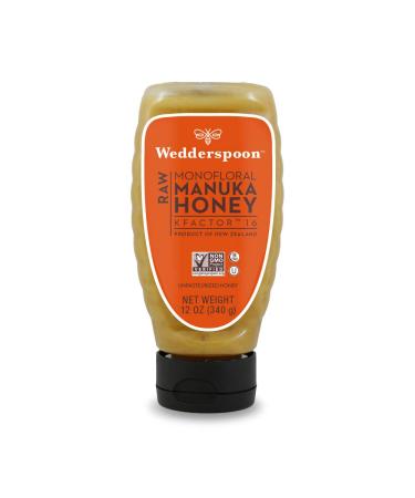 Wedderspoon Raw Manuka Honey, Unpasteurized, Genuine New Zealand Honey, Multi-Functional, Non-GMO Superfood, Convenient Squeeze Bottle, KFactor 16, 12 Ounce KFactor 16 12 Ounce (Pack of 1)