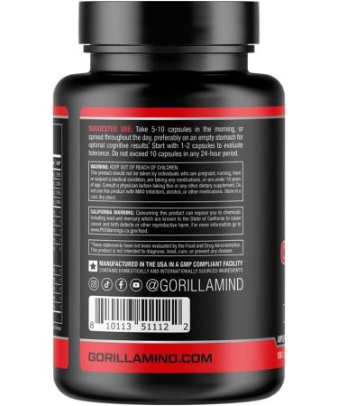 Gorilla Mind Nootropic Formula - 150 Capsules | Best Caffeinated Productivity Supplement for 8+ Hours of Focus & Energy - International Shipping Available - Buy Online on GoSupps.com