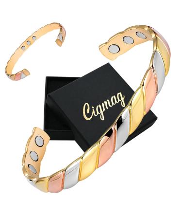 Cigmag 9X Lymphatic Drainage Copper Bracelet for Women 99% Solid Pure Copper Magnetic Bracelet Ultra Strength Magnet Adjustable Brazaletes Cuff Bangle with Gift Box (Tricolour Pattern) 9 Magnets Tricolour