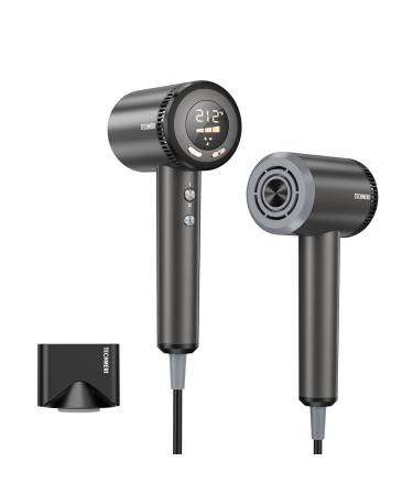TECHMERI Brushless Ionic Hair Dryer with LED Display Intelligent Thermal-Control and Nozzle - Travel-Friendly for Men and Women Gray