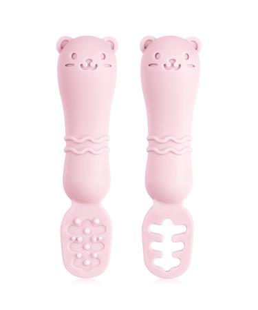 Vicloon Baby Fork and Spoon Set 2Pcs Silicone Spoon Baby Weaning Spoon Set Self Feeding Utensil Easy Grip Toddler Cutlery Kit Soft Baby Spoon for Infant Toddler (Pink)