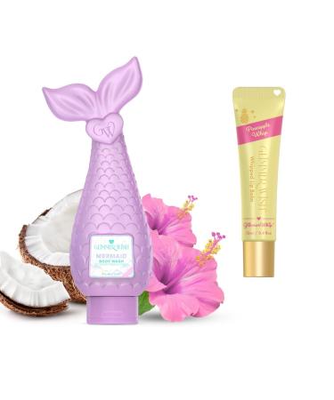 Glimmer Wish Mermaid Kids Bath & Lip Care Bundle Gentle Sulfate-Free Body Wash (12 fl oz) + Glimmer Whip Hydrating Vegan Lip Balm Tropical Pineapple Scent