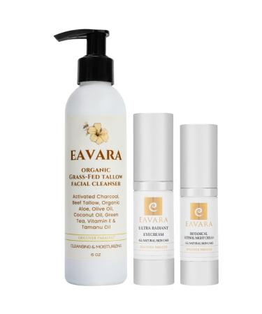 Eavara Beef Tallow Cleanser Eye Cream & Night Cream Set Restorative Skincare Trio with Grass-Fed Tallow Retinol Hyaluronic Acid Aloe and Vitamin E 3pc Set