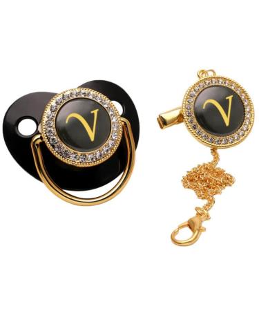 Genda 2Archer Bling Bling Baby Pacifier and Clips Black A-Z Letters Initials Personalized Baby Infant Newborn Pacifier Teething Soothie Toy for Infant 6-12 Months (V)