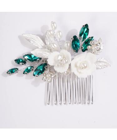 Missgrace Bride Wedding Crystal Pearl Leaf Rhinestone Hair Comb - Silver Green Bridal Hair Clip for Women | Wedding Hair Accessories - Buy Online on GoSupps.com