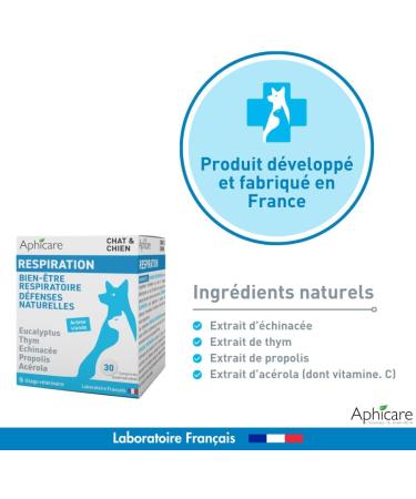 APHICARE - Respiration - 30 tablets - Respiratory comfort - Eucalyptus - Thyme - Echinacea - Food supplement for dogs and cats - Made in France - Buy Online on GoSupps.com