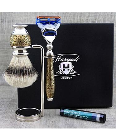 Haryali London 5-edge straight razor badger brush stand and alum razor