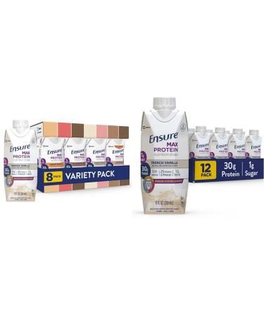 Ensure Max Protein Nutrition Shakes Variety Pack With 30g of Protein & Max Protein Nutrition Shake with 30g of Protein 1g of Sugar High Protein Shake French Vanilla Liquid 11 fl oz (Pack of 12)