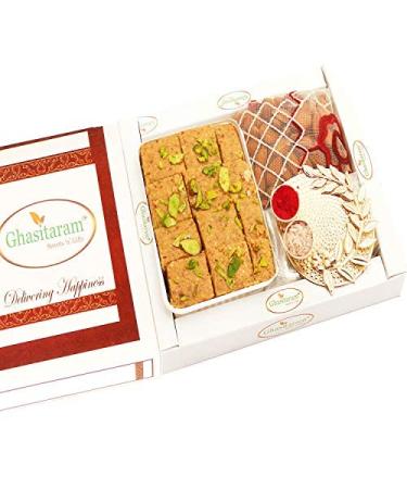 Ghasitaram Gifts Bhaidooj Gifts Bhaidooj Sweet - Besan Barfi Pooja Thali and Almonds Pouch