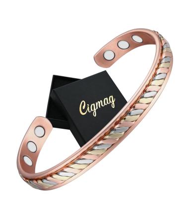 Cigmag Lymphatic Drainage Copper Bracelet for Women 99% Solid Pure Copper Magnetic Bracelet Ultra Strength Magnet Adjustable Brazaletes Cuff Bangle with Gift Box (Braided Tricolour)