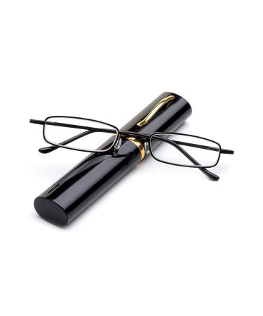 Flexible metal reading glasses visual aid feather-hinge reading aid unisex reader with glasses case such as pen holders (black 1.0) black +1.0 diopters