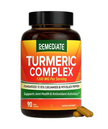 REMEDIATE Turmeric Curcumin 1200 mg Turmeric Root Extract & Powder Standardized to 95% Curcuminoids High Potency Joint Health Support Enhanced Absorption with Black Pepper 90 Vegan Caps