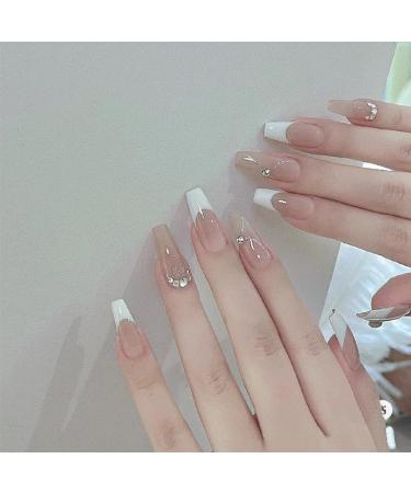 24Pcs/Set Press On Nails Long French White Edge Broken Diamond False Nails Acrylic Fake Nails Full Cover Nails Tips Artificial Finger Manicure Press on nails for Women and Girls