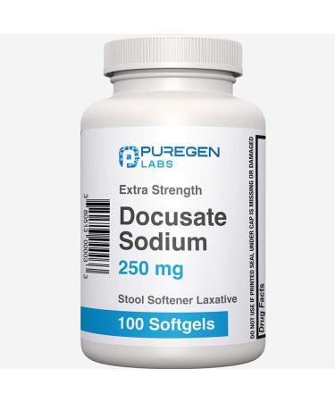 Puregen Labs Docusate Sodium 250mg Stool Softener Laxative | 100 sofgels | Gentle Constipation Relief | Extra Strength | Stimulant Free