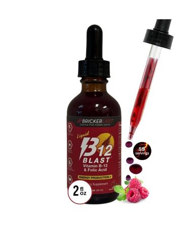 Bricker Labs B-12 Blast Liquid Vitamin B12 and Folic Acid Supplement Support Energy Production Great Tasting Liquid Vitamin B12 Dietary Supplement in Natural Raspberry Flavor 2 fl oz Bottle