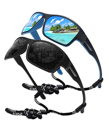 STORYCOAST Polarized Sports Sunglasses for Men Women Unbreakable Frame Cycling Fishing Driving 2pack Black+blue Mirror