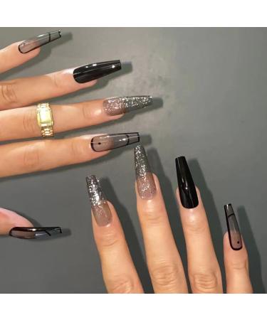 Glitter Black French Press on Nails with Nail Glue - Long Ballerina Artificial Manicure for Women and Girls - Buy Online on GoSupps.com