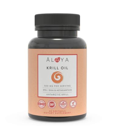 Alaya Naturals - Antarctic Krill Oil 500mg Supplement with Phospholipids, EPA/DHA Omega 3 & Astaxanthin - Non-GMO - PCB Tested Krill Oil - 60 Softgels