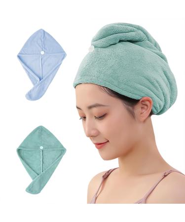 2 Packs Microfiber Towel Hair Turbans for Wet Hair Drying Hair Wrap for Women (Blue Light Green)