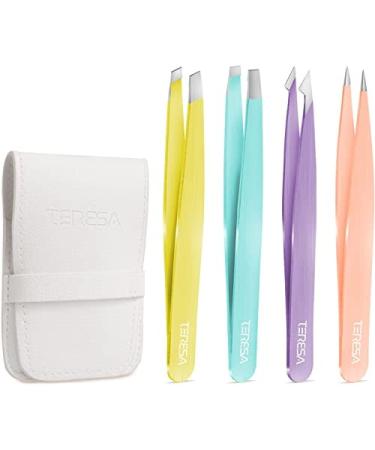 Ey brow tweezers professional for women 4 -petting eyebrows set cosmetics with leather case precise plucking for face hair removal ingrown hair splinter remover colorful colorful