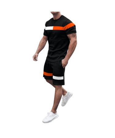 Wabtum Mens Sport Set Summer Outfit, Men's Fashion Short Sleeve T Shirt and Shorts Set Summer 2 Piece Outfit Athletic Suits Black Large