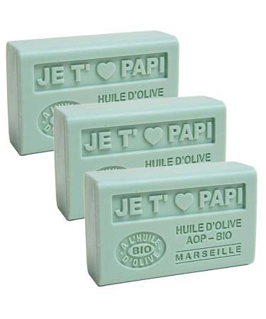 Savon de Marseille - Nourishing French Soap Made With Pure Organic Olive Oil and Shea Butter - I Love My Grandfather (Papi) Fragrance - 125 Gram Bar - Set of 3