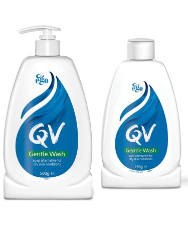 QV Gentle Wash 500g Soap-Free Moisturising Low Irritant PH Balanced Body Wash for Eczema and Dry Skin Conditions & Gentle Wash 250g Soap-Free Moisturising Low Irritant 500 ml (Pack of 1) Pump Bottle + Gentle Wash 250g